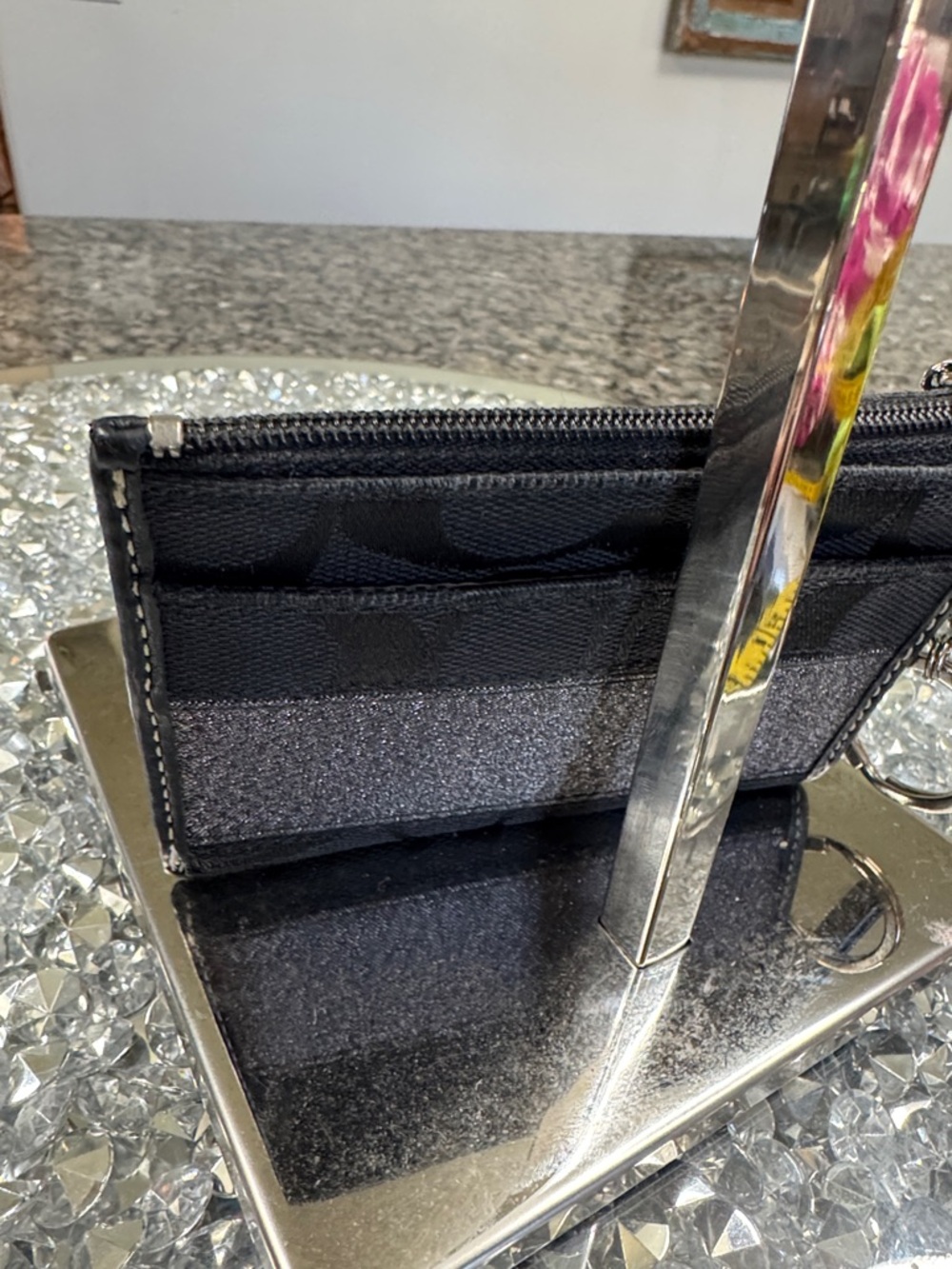 Coach Black Signature Card Case with Metallic Stripe card holder - Picture 6 of 14